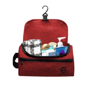 Red/Maroon colored, waterproof, hanging toiletry bag with inner and outer pockets.