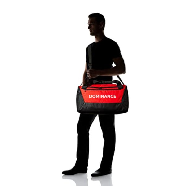 Spacious red and black colored gym bag/duffle bag with extra shoe pocket.