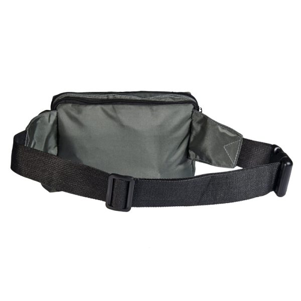 Grey colored, waist bag with external and internal pockets