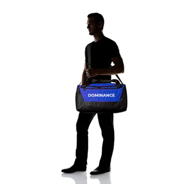 Spacious blue and black colored gym bag/duffle bag with extra shoe pocket.