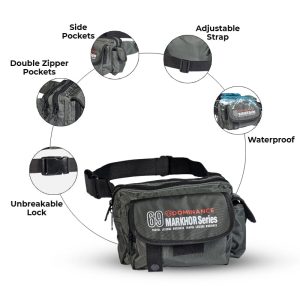 Grey colored, waist bag with external and internal pockets