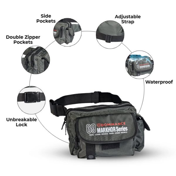 Grey colored, waist bag with external and internal pockets