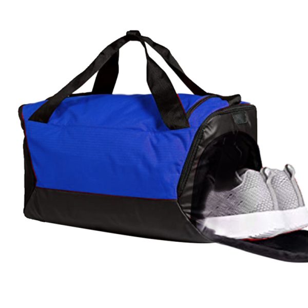 Spacious blue and black colored gym bag/duffle bag with extra shoe pocket.