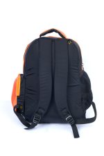30 L, orange and black colored day/school/college bag with extra pockets.