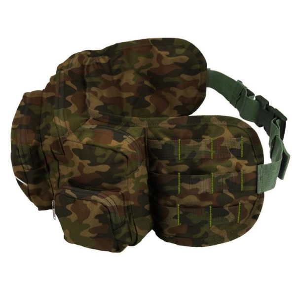 Camouflaged design, 6 pocket waist bag. Spacious and comfortable to wear.