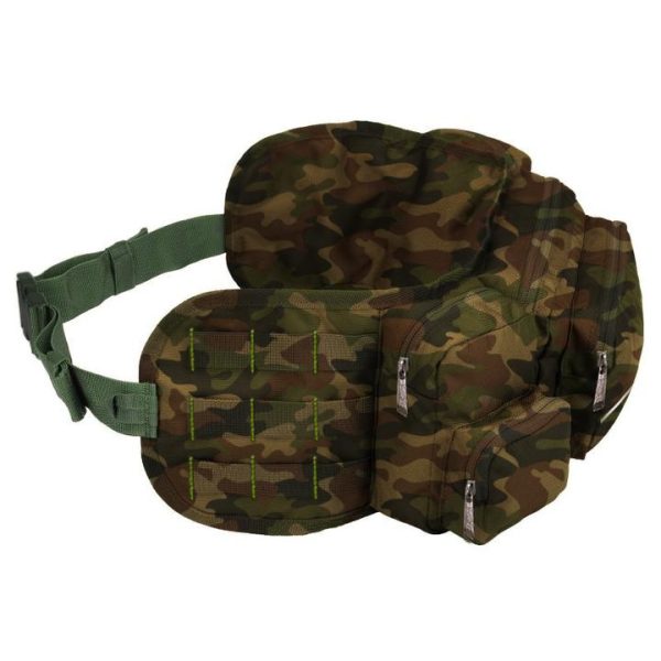 Camouflaged design, 6 pocket waist bag. Spacious and comfortable to wear.