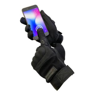 Black biker gloves with touch screen technology.