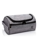 Grey colored, waterproof, hanging toiletry bag with inner and outer pockets..