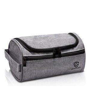 Grey colored, waterproof, hanging toiletry bag with inner and outer pockets..