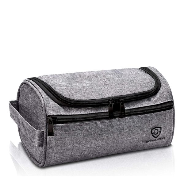 Grey colored, waterproof, hanging toiletry bag with inner and outer pockets..