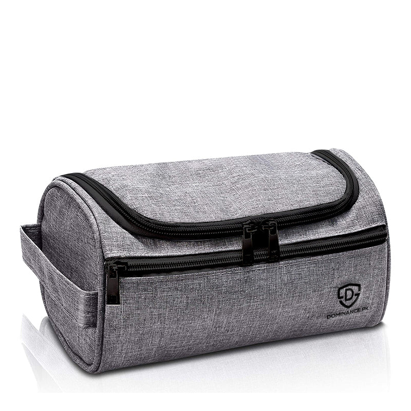 Grey colored, waterproof, hanging toiletry bag with inner and outer pockets..