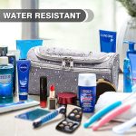Grey colored, waterproof, hanging toiletry bag with inner and outer pockets..