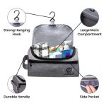 Grey colored, hanging, waterproof toiletry bag with external and internal pockets.