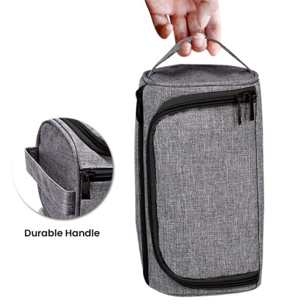 Grey colored, waterproof, hanging toiletry bag with inner and outer pockets..