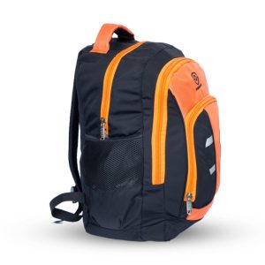 30 L, orange and black colored day/school/college bag with extra pockets.
