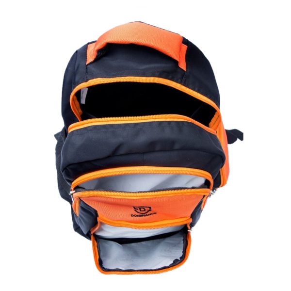 30 L, orange and black colored day/school/college bag with extra pockets.
