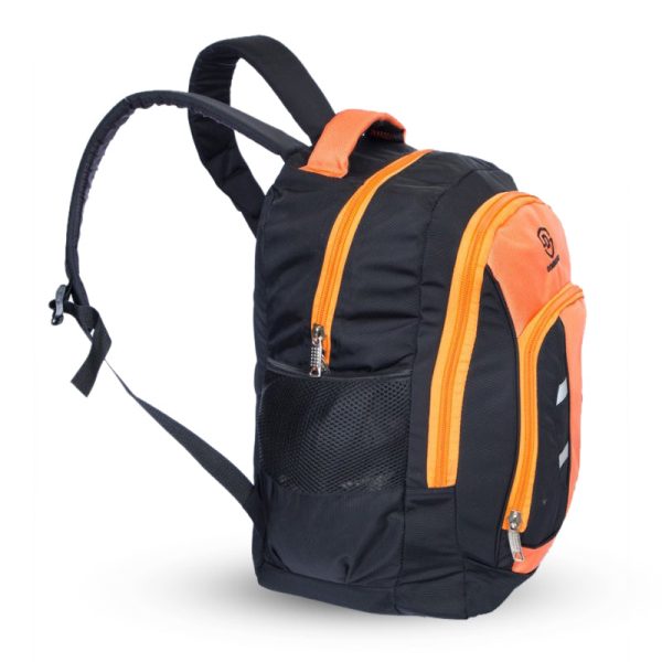 30 L, orange and black colored day/school/college bag with extra pockets.