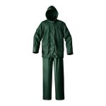 Green colored two piece rain suit with cap