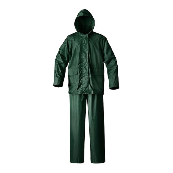 Green colored two piece rain suit with cap
