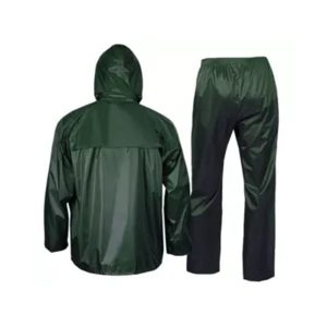 Green colored two piece rain suit with cap