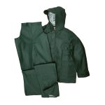 Green colored two piece rain suit with cap