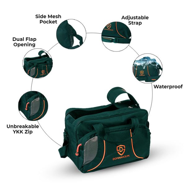 Green colored sturdy gym/travel bag. Extra pockets, Hand and shoulder strap.