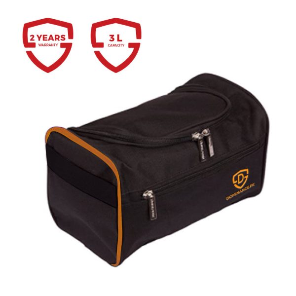 Black colored, waterproof, hanging toiletry bag with inner and outer pockets.