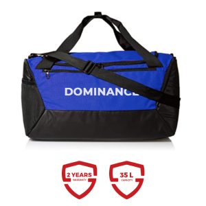Spacious blue and black colored gym bag/duffle bag with extra shoe pocket.