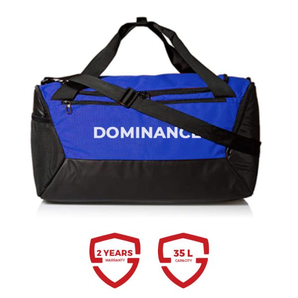 Spacious blue and black colored gym bag/duffle bag with extra shoe pocket.