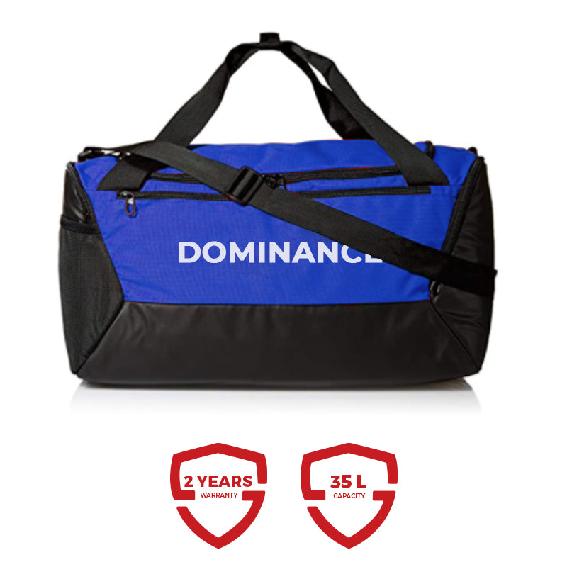 Spacious blue and black colored gym bag/duffle bag with extra shoe pocket.